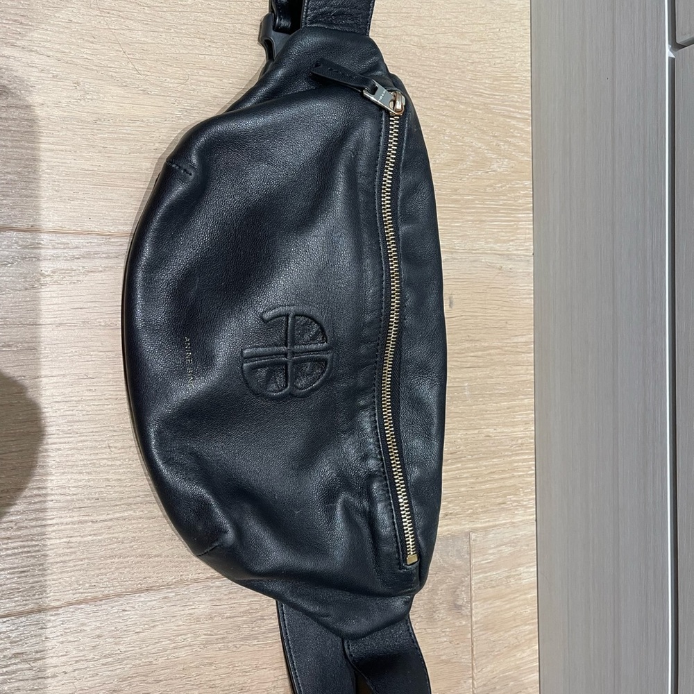 RARE- Anine Bing Black Leather Crossbody Belt Bag with Embossed Logo